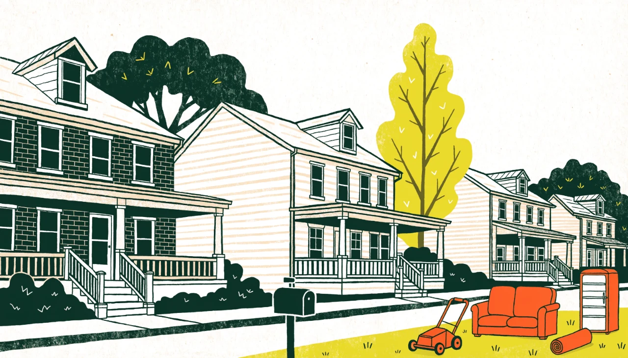 Illustrated neighborhood with household items on a lawn